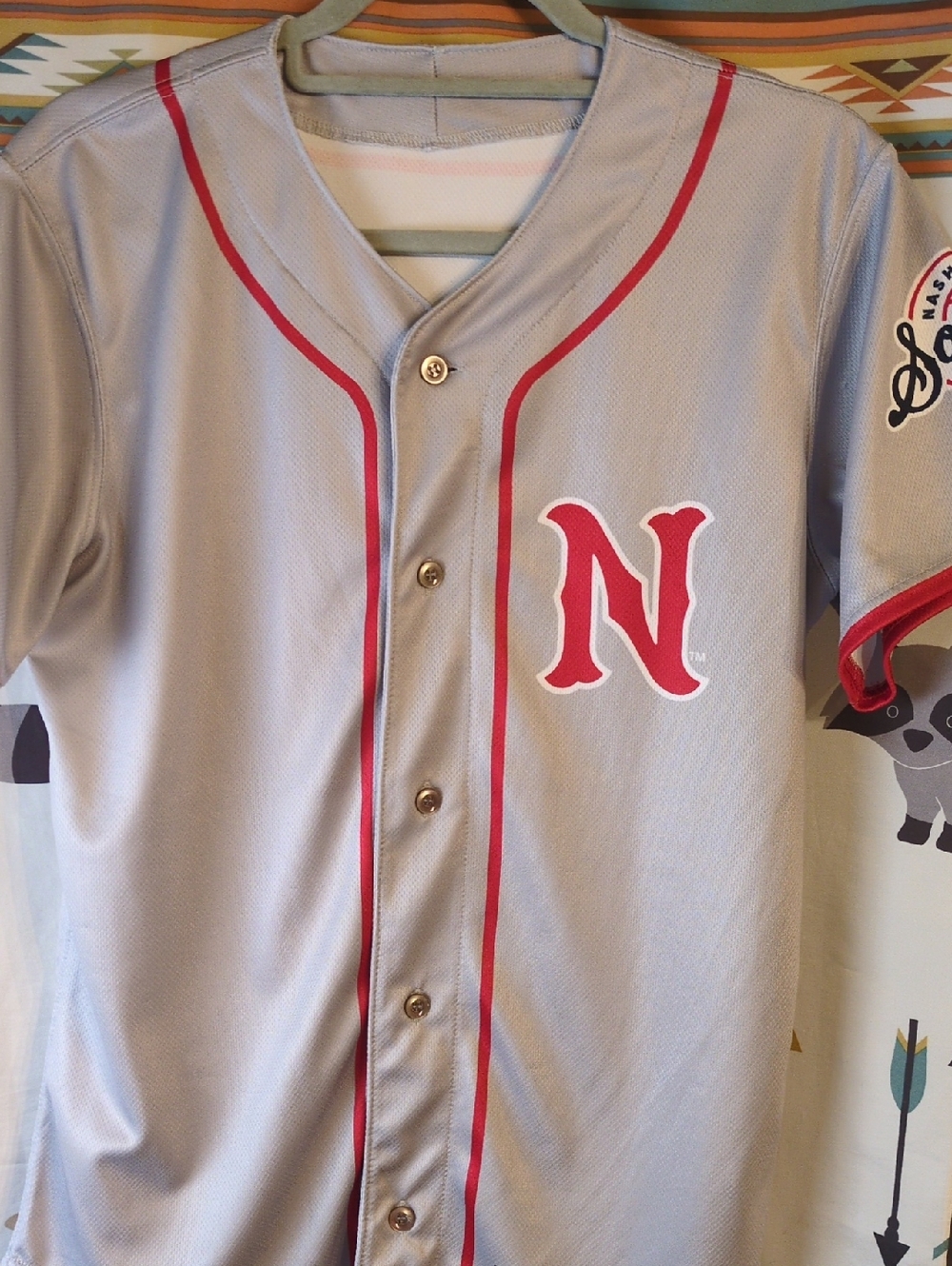 Men's Grey and Red Baseball Jersey with 'N' Patch